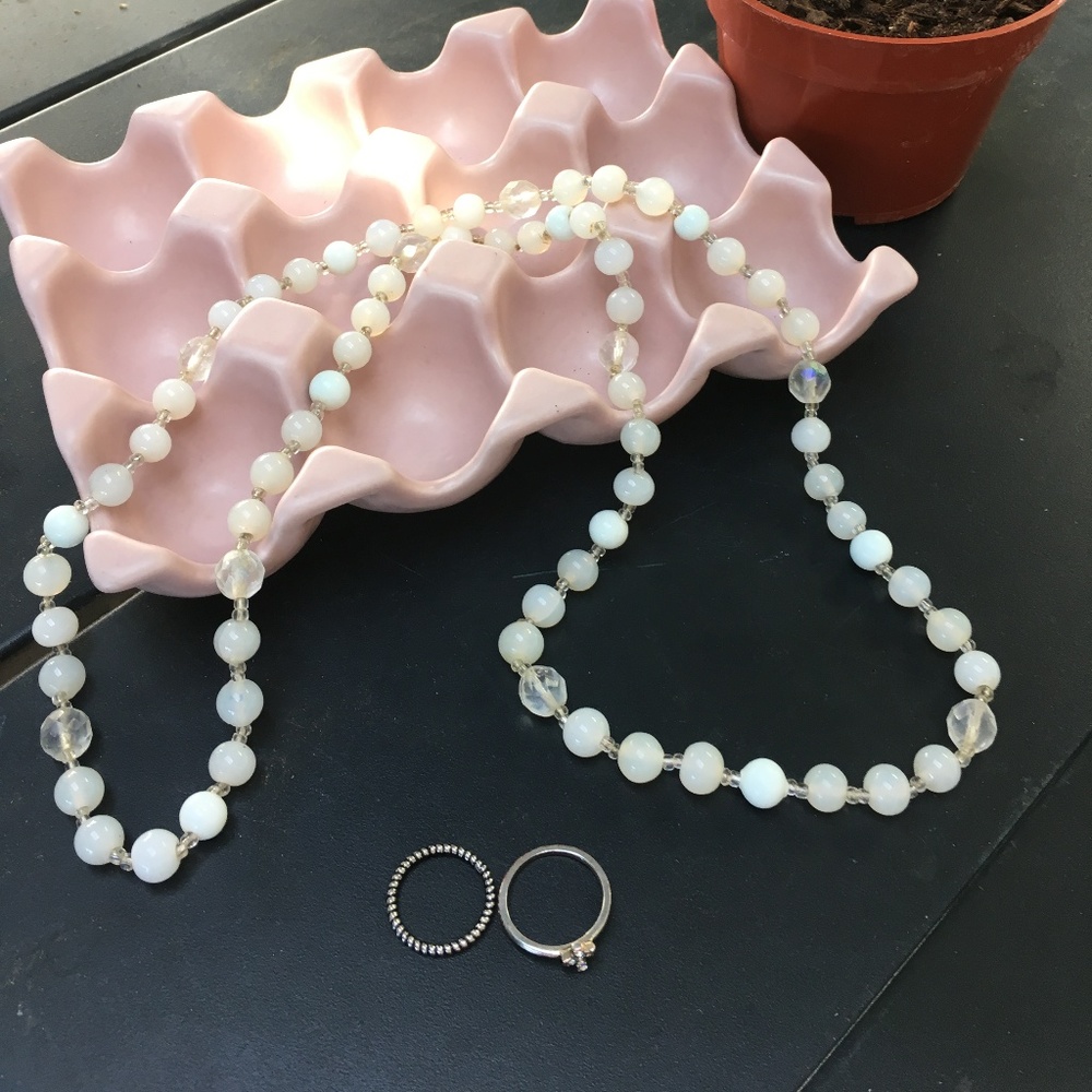 Long milky glass & crystal necklace w/ two rings